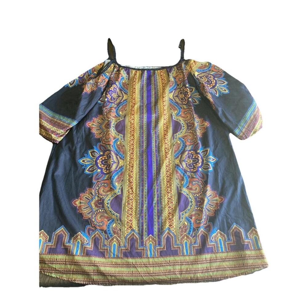 BOHO Cold Shoulder Paisley Top Tunic Bell 3/4 Sleeves, Large, Adjustable Strap